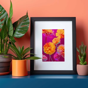 Peut inclure: Une impression encadr&eacute;e d'un arrangement floral avec des fleurs orange et jaunes et des accents roses sur un fond magenta.