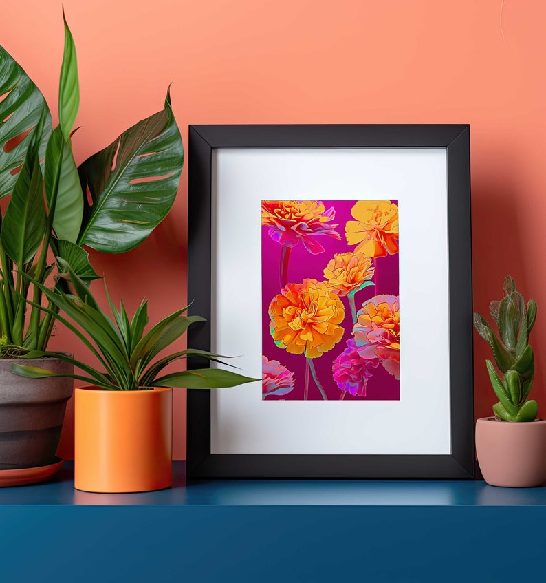Peut inclure: Une impression encadr&eacute;e d'un arrangement floral avec des fleurs orange et jaunes et des accents roses sur un fond magenta.