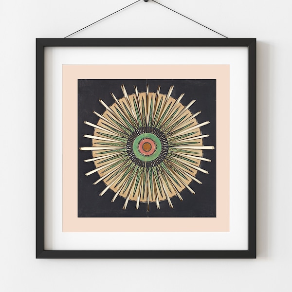 Vintage circular star pattern, printable wall art, mandala on black square background with border