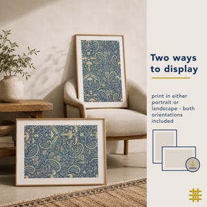 Two ways to display printable textile wall art, showing the same antique textile artwork in portrait and landscape orientation with cream mats and natural wood frames in a neutral bohemian interior.