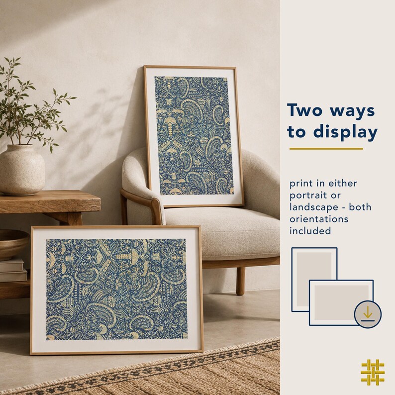 Two ways to display printable textile wall art, showing the same antique textile artwork in portrait and landscape orientation with cream mats and natural wood frames in a neutral bohemian interior.