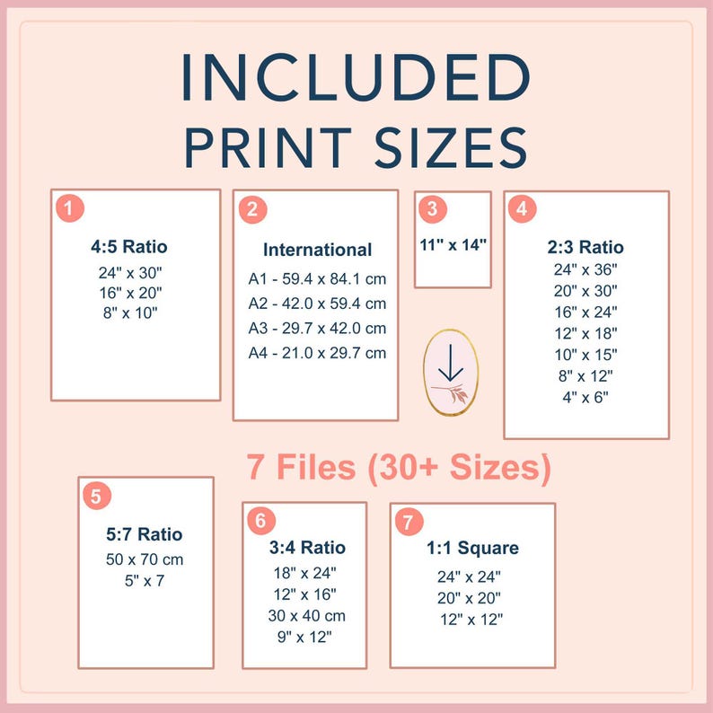 Printable wall art size guide with all included ratios: 4:5, 2:3, 3:4, 5:7, 1:1, A-series and 11×14, covering 30+ standard print sizes.