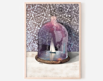 Sail boat terrarium wall art, surreal downloadable print, whimsical nautical snow globe poster in purple