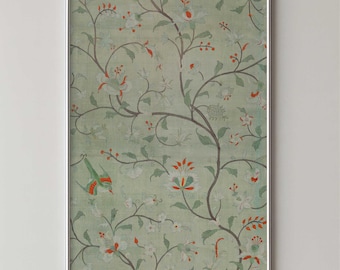 May include: Framed artwork featuring a vintage floral pattern. The design showcases a light green background with a repeating pattern of white flowers, red accents, and dark brown branches. A bird is also visible in the design.