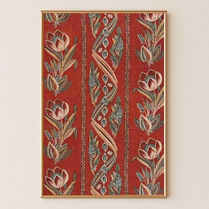 May include: Framed floral print with a red background and a repeating pattern of stylized flowers and foliage in shades of cream, green, and blue. The print has a gold frame. The design features vertical stripes with a central, ornate, swirling pattern.