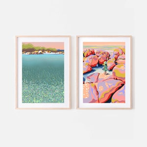Colourful beach sketches in bright aqua green and pink, Set of 2 downloadable art prints, Abstract graphic art ocean