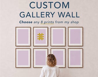 May include: A custom gallery wall display featuring eight rectangular frames with light purple backgrounds. One frame contains a yellow woven grid icon. The text reads CUSTOM GALLERY WALL Choose any 8 prints from my shop.