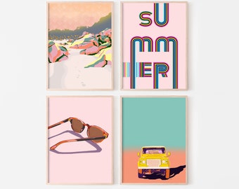 Set of 4 prints summer themed coastal printable gallery wall set - Pastel beach posters digital illustrations - Modern boho decor retro