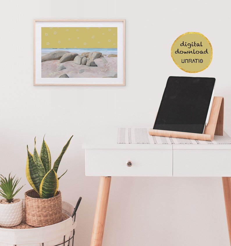Beach wall decor landscape horizontal picture Mustard yellow print coastal wall art downloadable art Printable artwork boho ocean photo