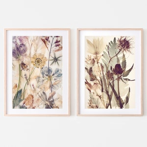 Wildflower botanical prints set of two, Dried pressed flowers printable wall art, Organic wall decor, Modern floral art in muted colours image 1