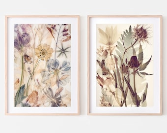 Wildflower botanical prints set of two, Dried pressed flowers printable wall art, Organic wall decor, Modern floral art in muted colours