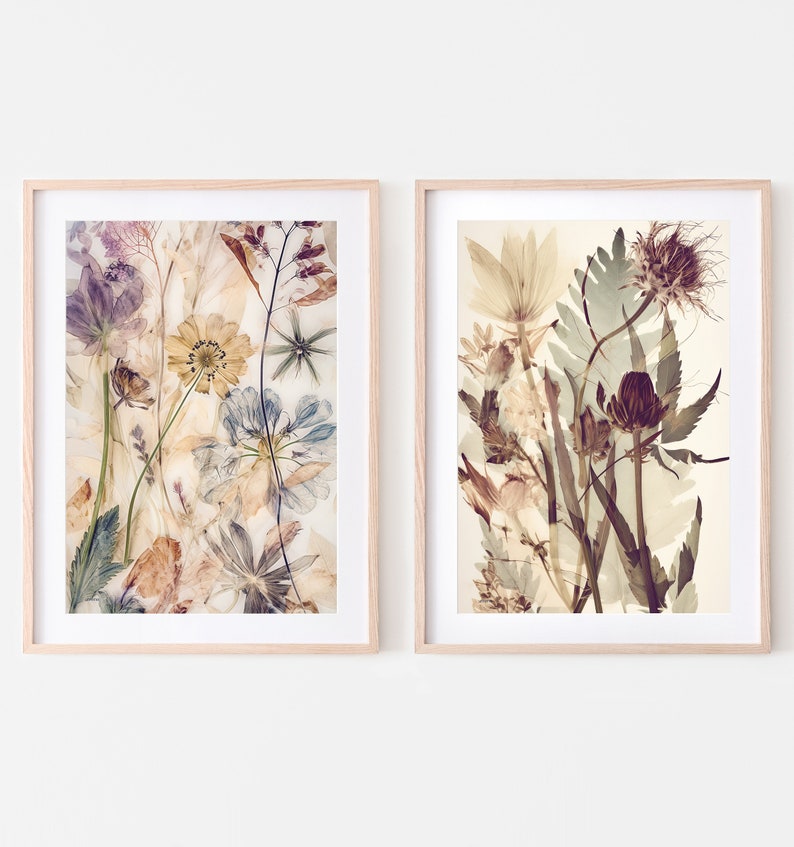 Wildflower botanical prints set of two, Dried pressed flowers printable wall art, Organic wall decor, Modern floral art in muted colours image 1