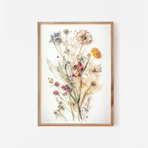 Gedroogde bloem geperst boeket print, afdrukbare wilde botanische kunstwerken, downloadbare boho bloemenmuurkunst, bloemboeket schilderij