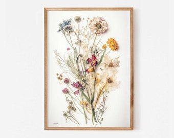 Dried flower pressed bouquet print, Printable wildflower botanical artwork, Downloadable boho floral wall art, Flower bouquet painting