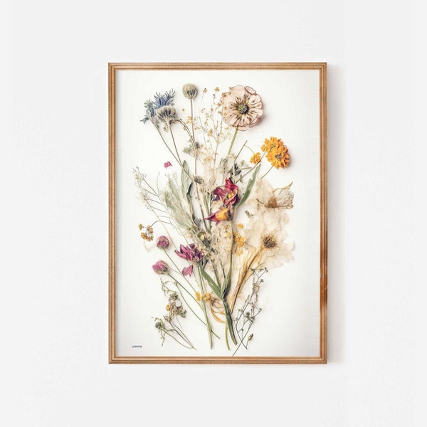 Dried flower pressed bouquet print, Printable wildflower botanical artwork, Downloadable boho floral wall art, Flower bouquet painting