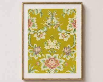 Tapiz estampado de pájaros florales en color chartreuse, arte mural textil francés antiguo, decoración parisina