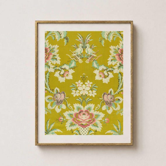 Chartreuse Floral Birds Tapestry Print, Antique French Textile Wall Art, Parisian Decor