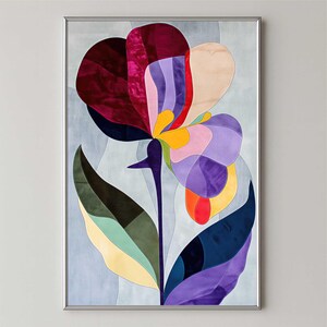 Abstract butterfly pea flower tapestry, Printable patchwork art botanical poster in burgundy and purple, Colorblock tropical wall art