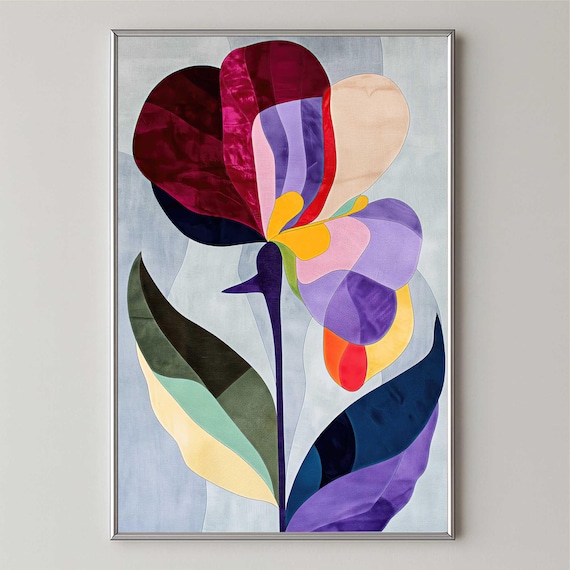 Abstract butterfly pea flower tapestry, Printable patchwork art botanical poster in burgundy and purple, Colorblock tropical wall art