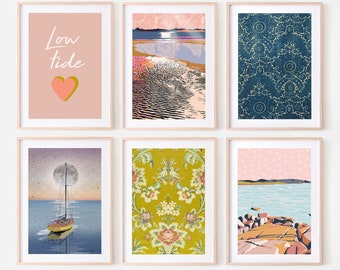 Nautical gallery wall set 6 prints digital download - Navy blue blush pink coastal home decor - Six piece bundle boho beach posters feminine
