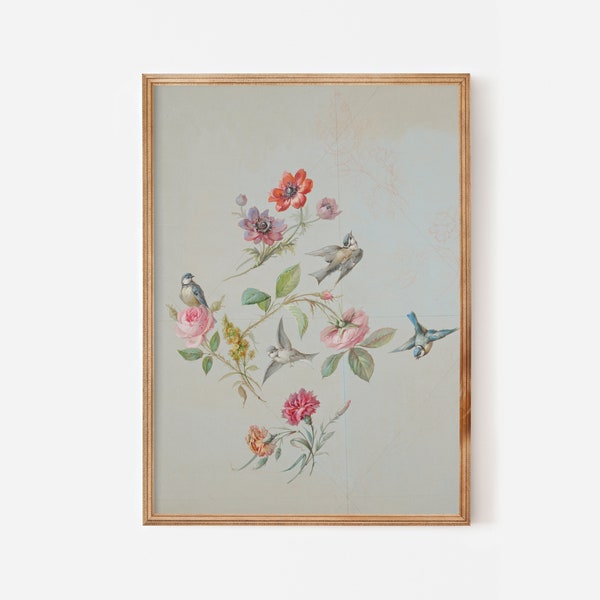 Vintage floral print with swallow birds - Antique flower painting shabby chic wall decor roses wall art - French wallpaper artwork blue grey