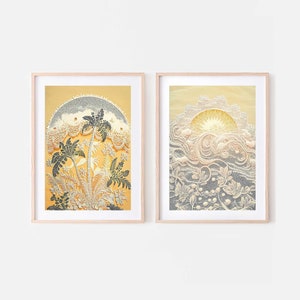 Set of 2 wall art bohemian decor, Printable palm tree prints in mustard yellow grey cream, Boho coastal artwork, Dreamy tropical posters