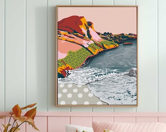 Illustration de l'océan rose poudré téléchargeable - Poster de plage rétro, décor côtier de paysage abstrait - Oeuvre d'art murale bohème imprimable A2
