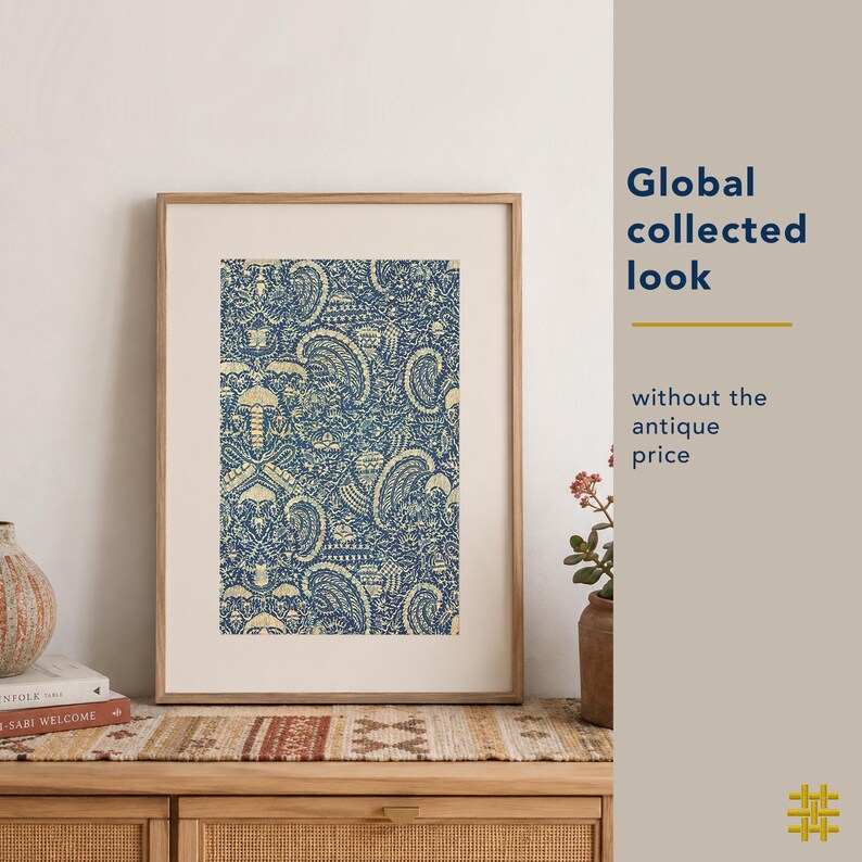 Affordable global collected wall art featuring Crayfish batik, a printable antique textile scan in indigo blue and cream, designed to give the look of vintage textile art without the antique price.