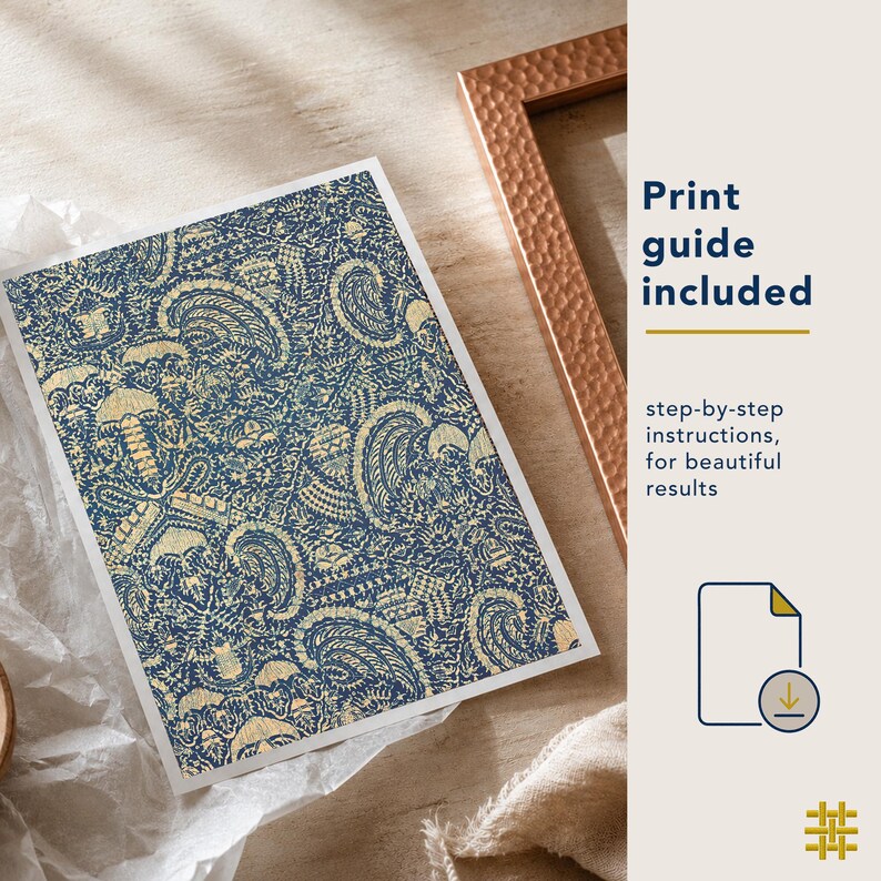 Print guide included with Crayfish Batik a printable antique textile wall art download in indigo blue and cream, designed to make printing, sizing and framing your digital art simple and easy.