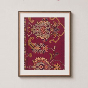 Palmetten-Teppichmotiv – Arabesken-Textil-Wandkunstdruck – Karmesinrot & Antikgold (Digitaler Download)