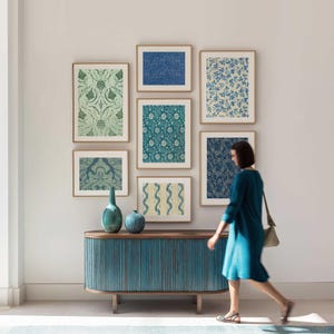 Blaue vintage Kunst druckbare Wandkunst, Blaugrüner Wandbehang, Textile Wandbilder, blauer Kunstdruck, Art Print