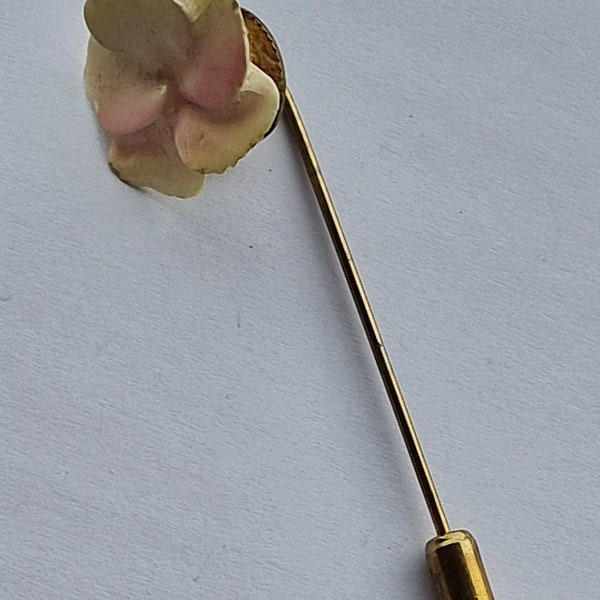 Vintage gold tone stick pin with bone china pansy type flower