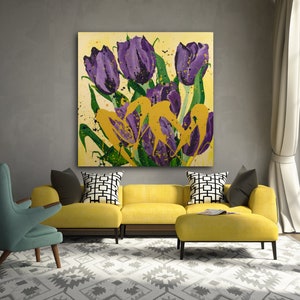 Original Tulip Painting, Abstract Purple Flower Painting, Yellow Purple Abstract Art, Large Original Flower Art, Tulip Canvas Painting