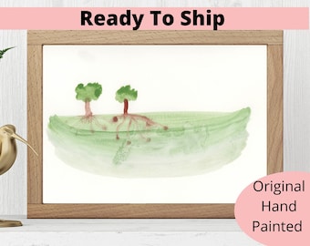 Green Tree Watercolor Painting, Original Nature Wall Art, Calm Forest Decor