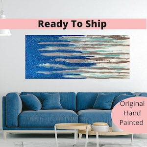 Blue Glitter Abstract Painting: Large Original Silver Acrylic Art (24x48x1.5 inches)