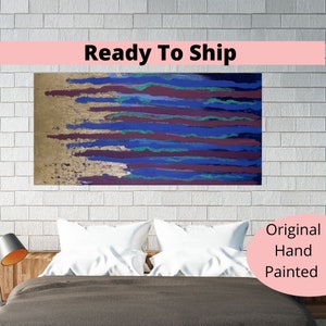 Handmade Blue Gold Abstract Painting on Canvas