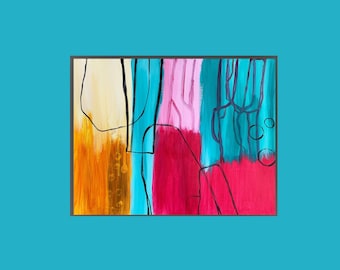 Op de afbeelding: Abstract schilderij met gedurfde streken in oranje, geel, turquoise, roze en rood. Zwarte lijnen creëren een geometrisch patroon op het doek.