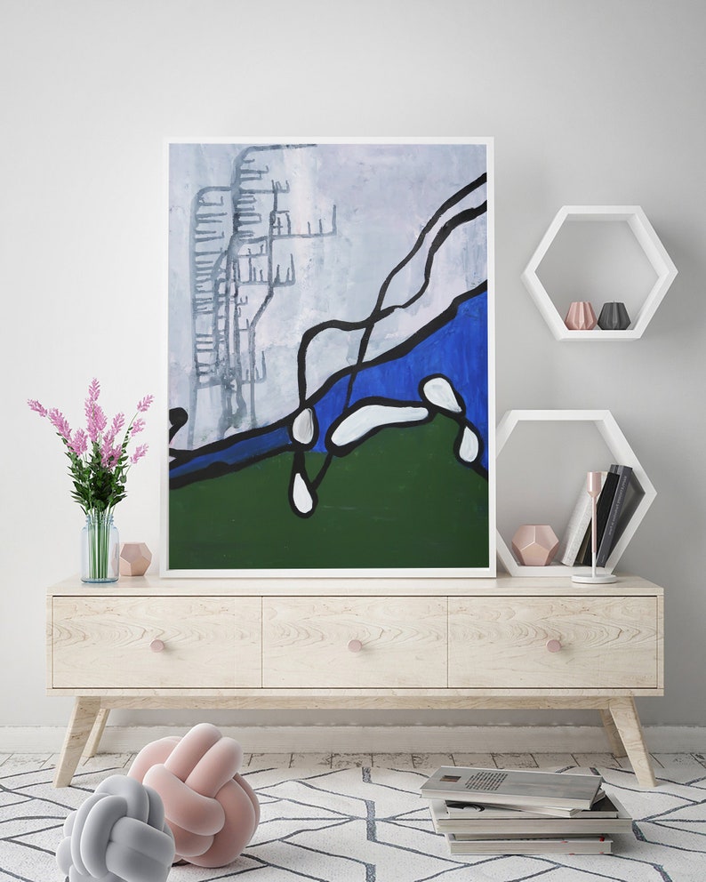 Original Acrylic painting on paper . Abstract painting . green blue grey black art modern minimalist contemporary wall art on paper image 5