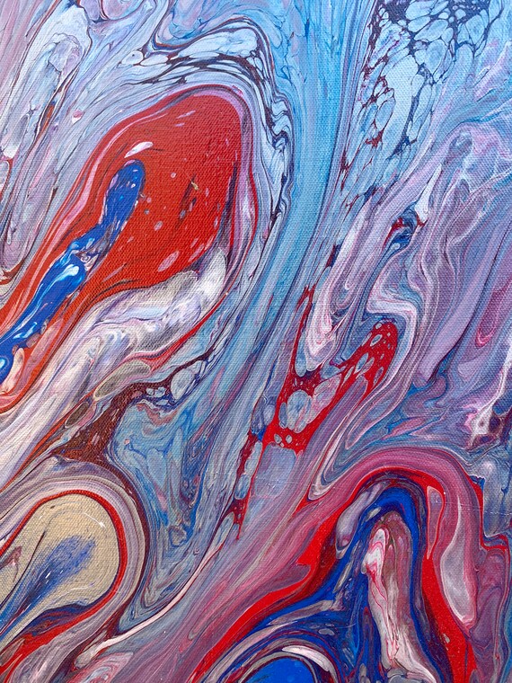 Original Acrylic Pour Painting – Maroon Blue Silver Fluid Art