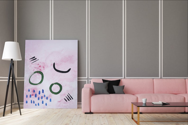 Pintura abstracta original en tonos rosa ruborizados, 18 x 24 pulgadas. imagen 5