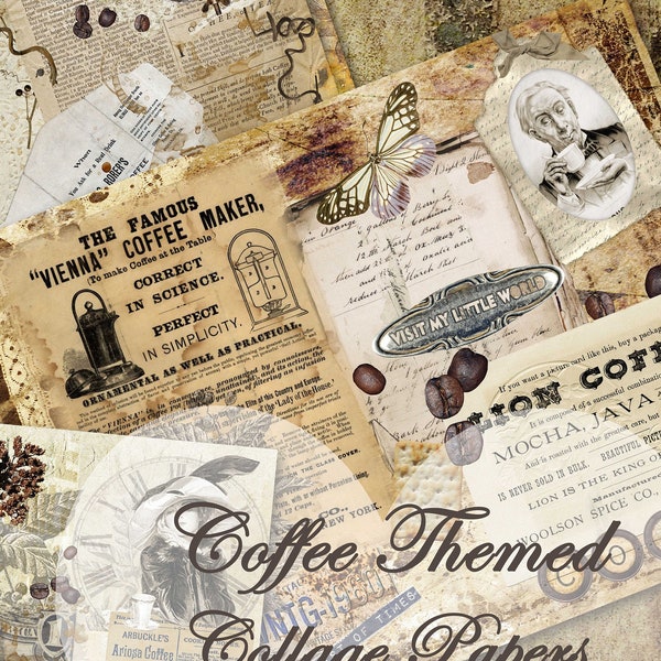 VINTAGE COFFEE THEMED collage papers (A4) and tags, junk journal inserts, digital journal kit
