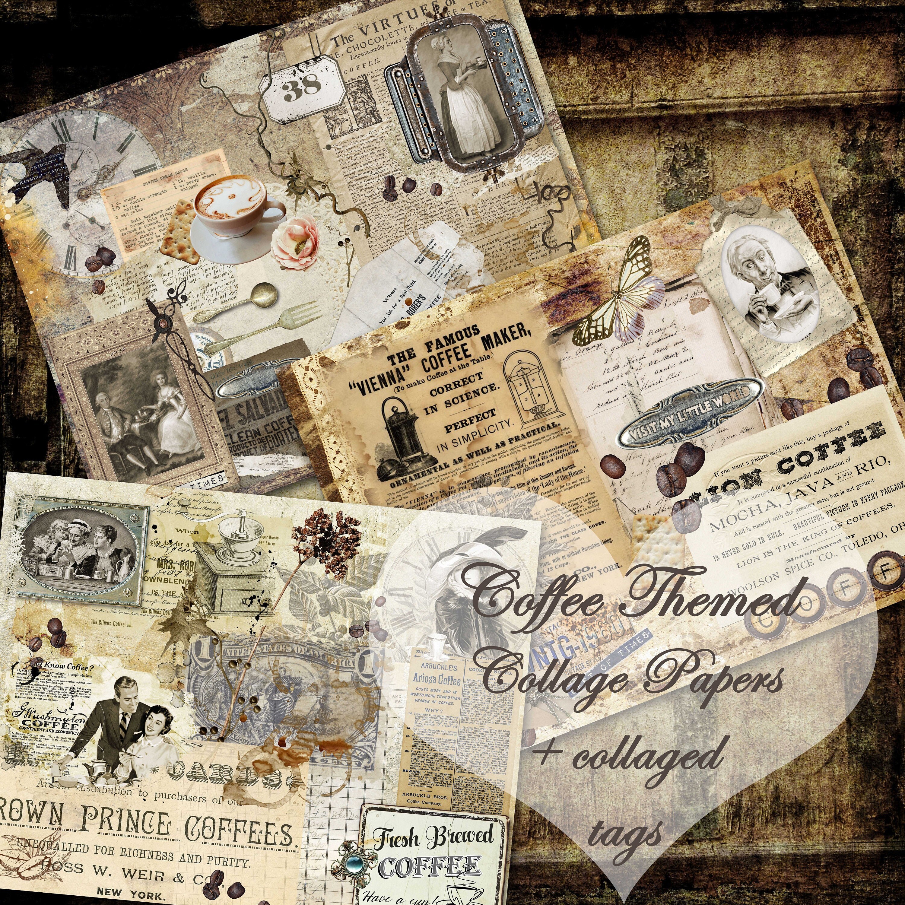 VINTAGE COFFEE themed collage papers (US letter sized) and tags, junk…