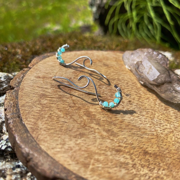 Hammered sterling silver and amazonite wire wrapped wave earclimber ear crawler earrings, handmade in Alaska