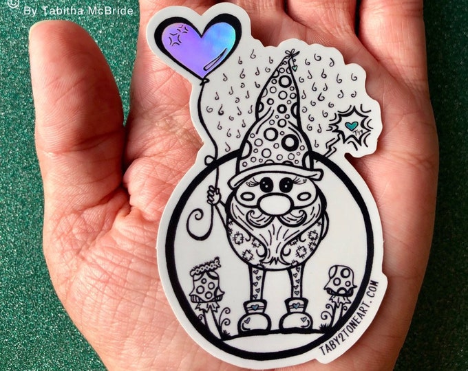 Patches The Gnome Holographic Sticker, gnome artwork, shiny hearts, planner stickers, waterproof stickers, original drawing, laptop decals