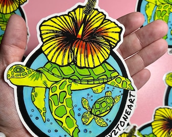 Cruising turtles sticker, hibiscus flower, Honu, Sea Turtles, Oahu Hawaii, Aloha, car decals, car accessories, beach art, Taby 2 Tone Art