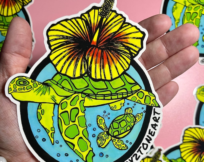 Cruising turtles sticker, hibiscus flower, Honu, Sea Turtles, Oahu Hawaii, Aloha, car decals, car accessories, beach art, Taby 2 Tone Art