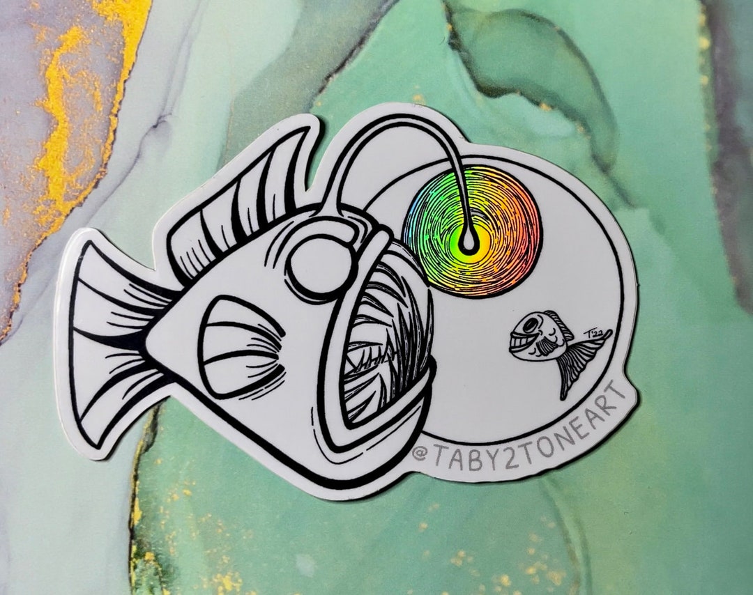 Holographic Angler Fish Sticker, Fish Art, Scary Fish Doodles, Car ...