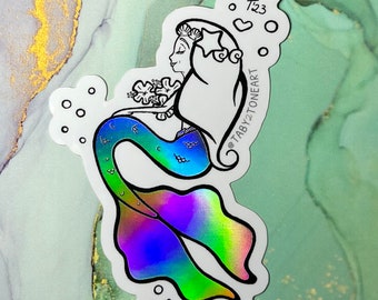 Holographic mermaid sticker, mermaid tail, hibiscus flowers, beach vibes, car decals, laptop decals, phone stickers, Taby 2 Tone Art