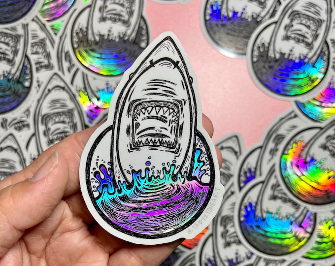 Shark stickers, shark teeth, holographic stickers, vinyl sticker, laptop decal, car decal, waterproof sticker, nautical art, shark artwork