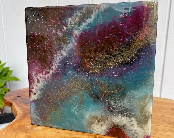 Galaxy resin painting on a wood canvas, wall art, wall hangings, galaxy decor